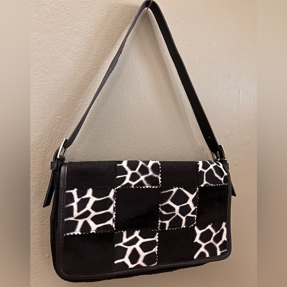 Vintage ESPRIT Cow Print Patchwork Look Shoulder Bag Y2K Purse Black White VTG